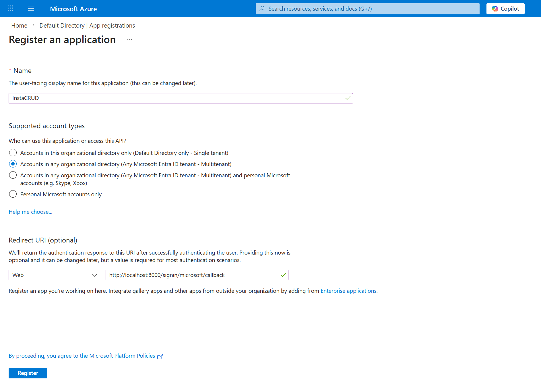 Application registration settings