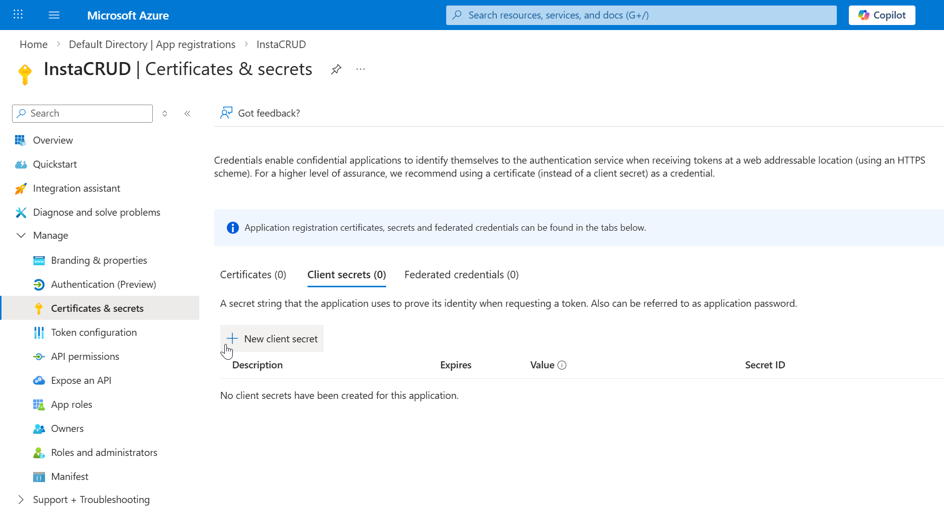 Certificates and secrets section